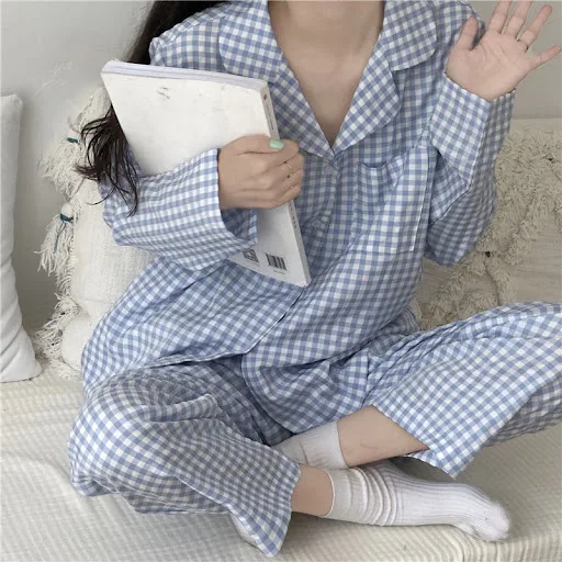 Title 5, Pajamas Womens Long-sleeved Cardigan Plaid Suit