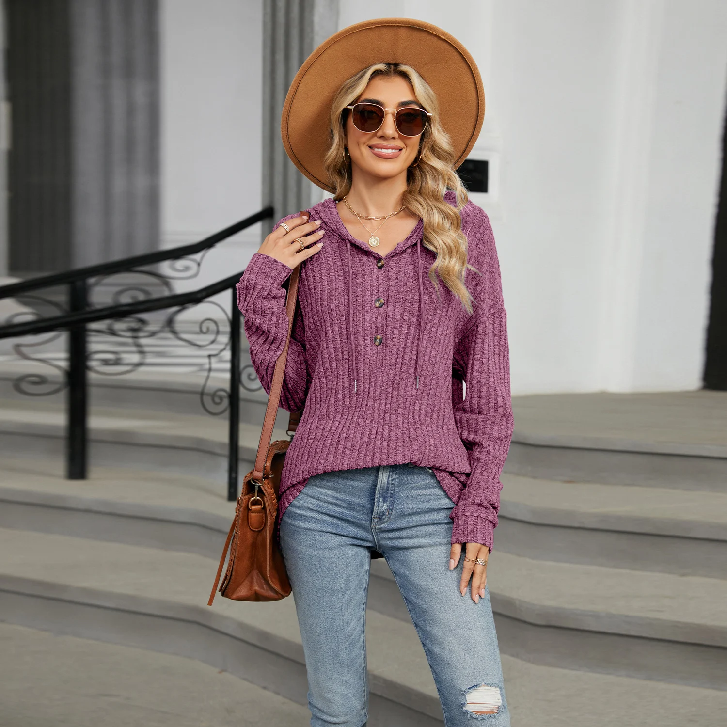 Title 9, Solid Color Hooded Button Loose Long Sleeve Swe...