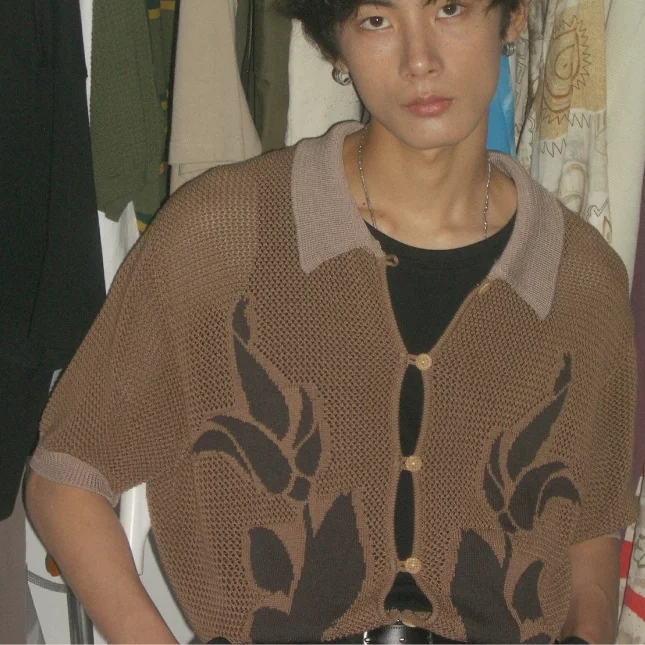 Title 1, Cardigã de tricô solto jacquard com padrão de f...