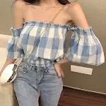 Small Shirt Clavicle Strapless Retro Hepburn Style French Plaid One-shoulder Top — photo 3