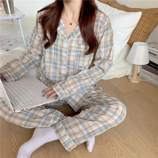 Title 12, Pajamas Womens Long-sleeved Cardigan Plaid Suit