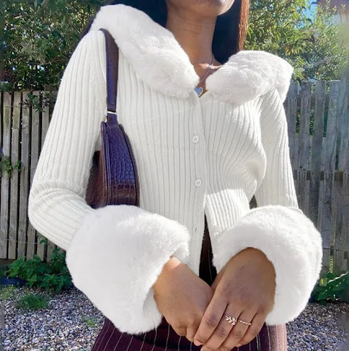 Title 6, Temperament Furry Collar And Furry Cuff Knitted...