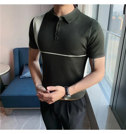 Title 14, New color-blocking striped slim stretch knit sh...