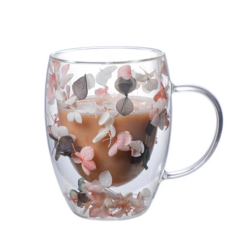 Title 6, Real Flower Double Layer Glass Cup Borosilicate...
