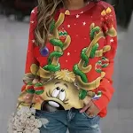 Felpa donna natalizia con simpatico cervo prugna stampato in 3D, girocollo e maniche lunghe. Comoda e perfetta per le feste. — foto 2