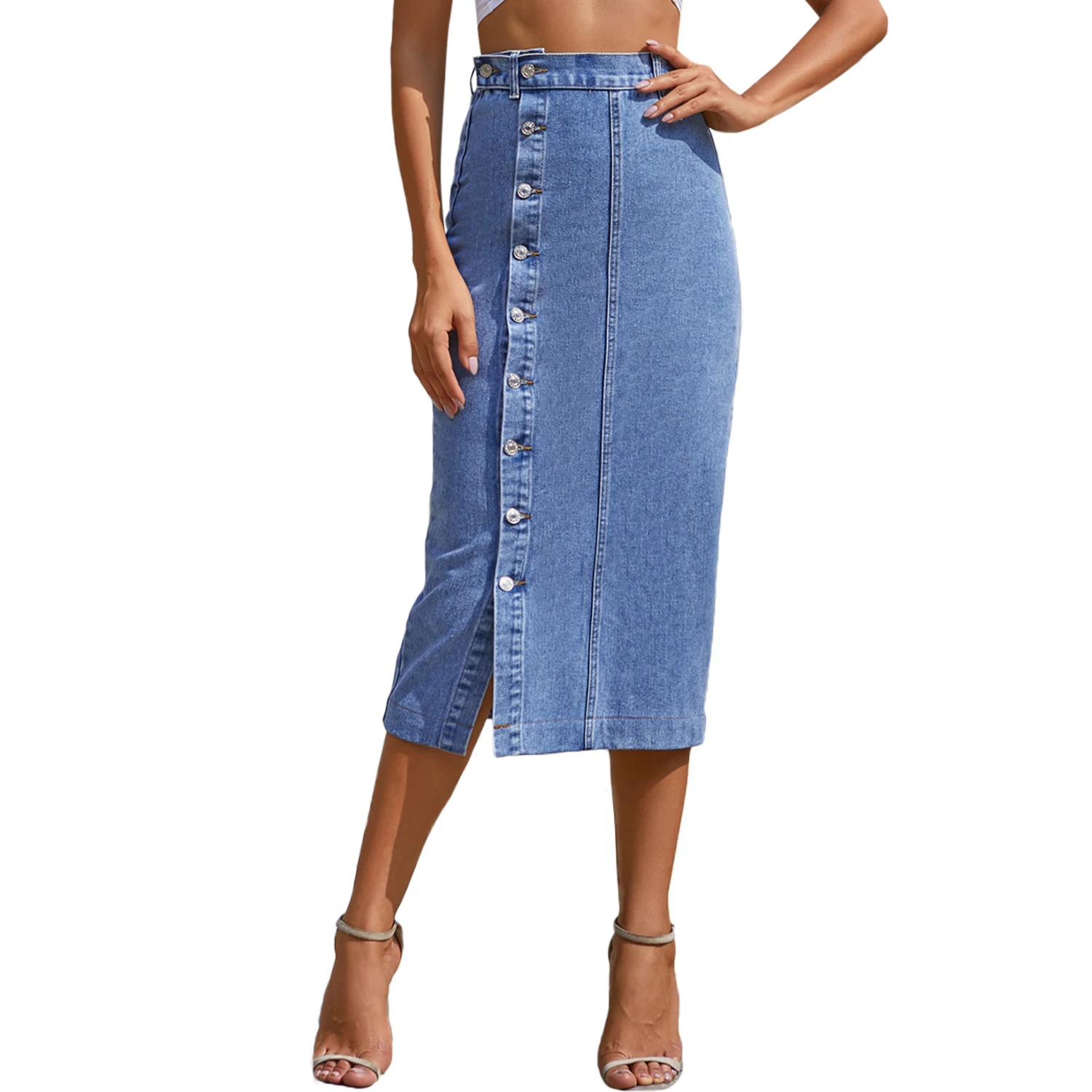 Title 4, Gonna donna in denim a vita alta con bottoni e ...