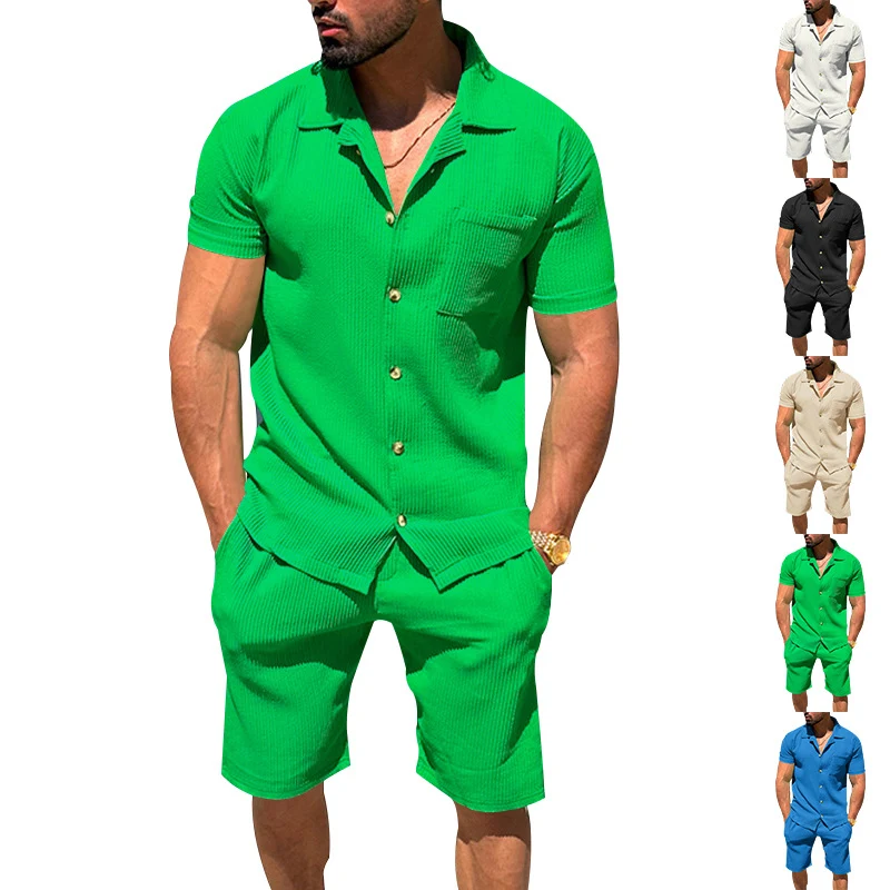Men's Lapel Cardigan Shorts 2 Pieces Suit Summer Solid Color Vertical Stripes Short Sleeve Shorts perfect for warm weath — photo 32
