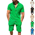 Men's Lapel Cardigan Shorts 2 Pieces Suit Summer Solid Color Vertical Stripes Short Sleeve Shorts perfect for warm weath — photo 32