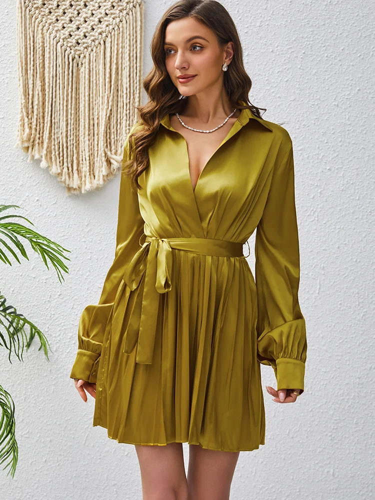 Title 3, Design Sense Lace-up Long Sleeve Pleated Dress ...