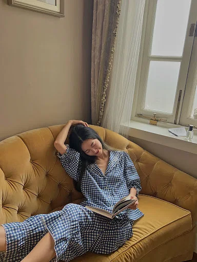 Title 15, French Girl Fashionable Blue Plaid Homewear Suit