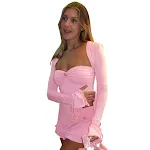 Vestido com Corpete Transpassado, Manga Longa, Saia Plissada com Babados de Folha de Lótus. Ideal para eventos e festas. — foto 7