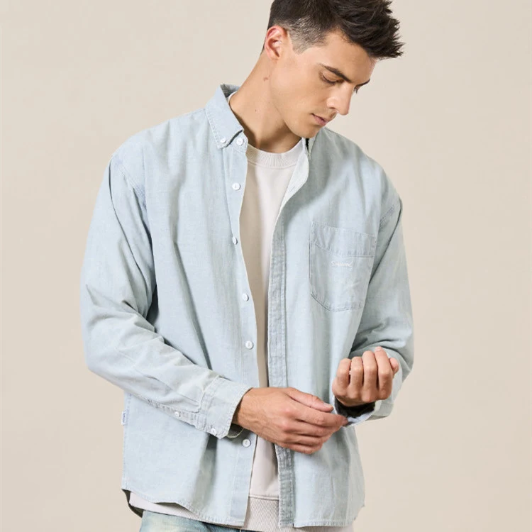 Title 3, Camisa masculina manga longa de denim vintage b...