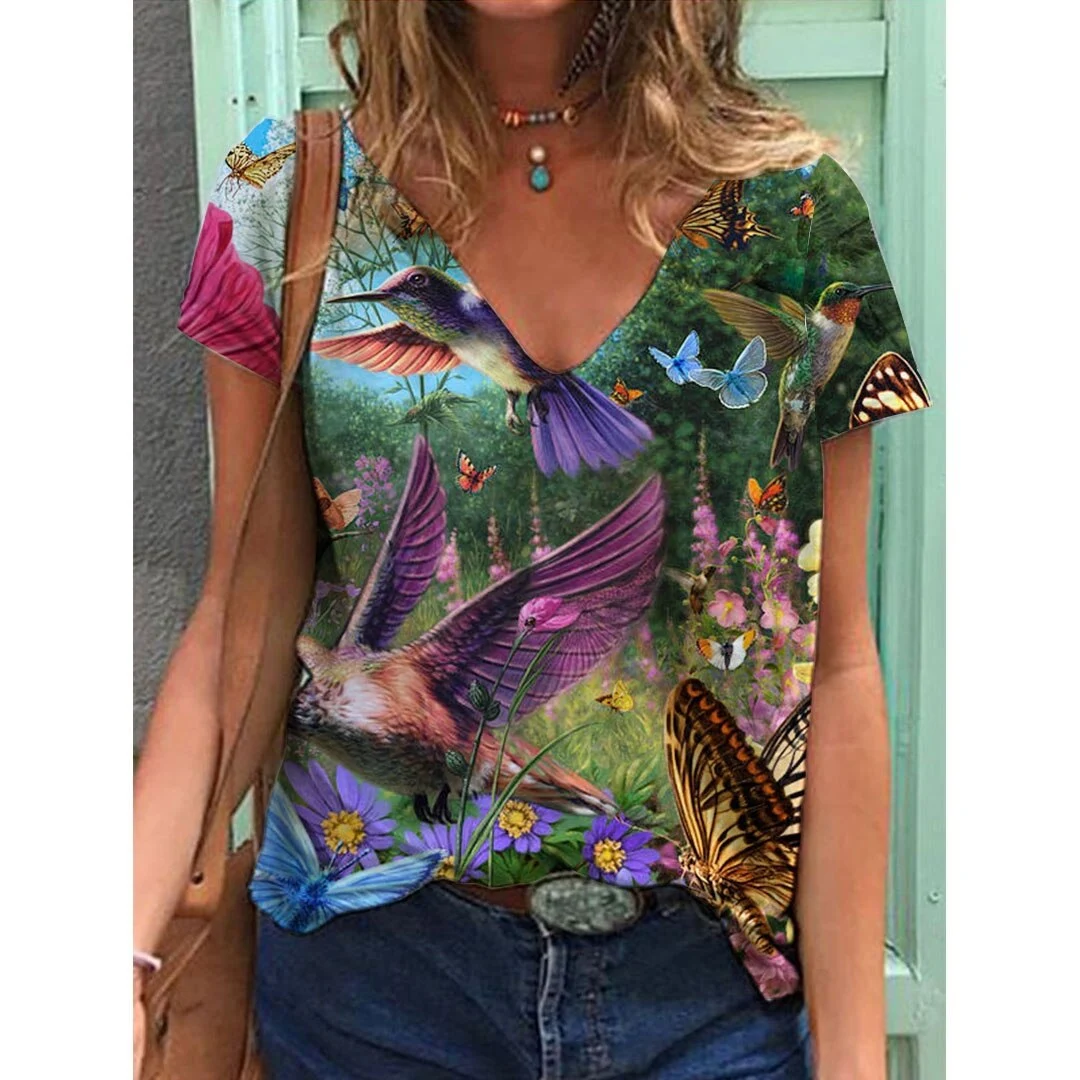 Dames T-shirt met korte mouwen, losse top met V-hals en print — foto 11