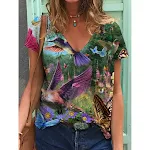 Dames T-shirt met korte mouwen, losse top met V-hals en print — foto 11