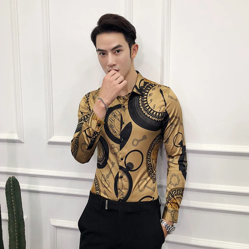 Estilo retro moda lapela slim manga longa camisa masculina — foto 2