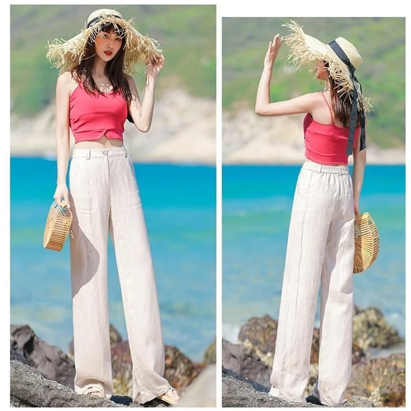 Title 3, Linen loose straight high waist slimming trouse...