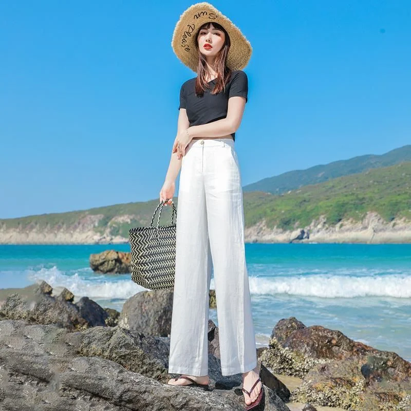Title 4, Linen loose straight high waist slimming trouse...