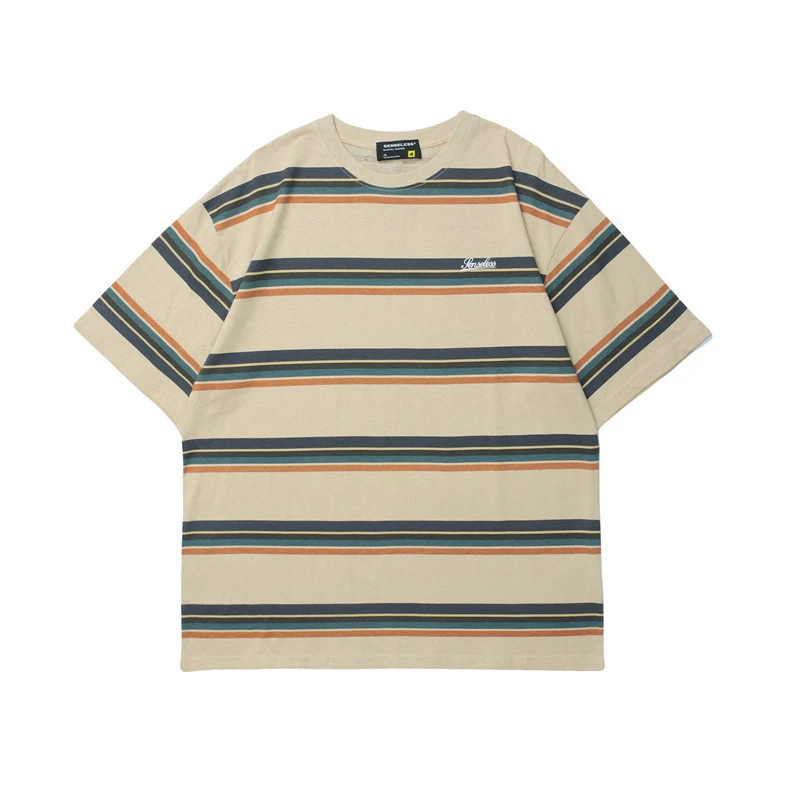 Camiseta a rayas retro japonesa unisex, manga corta, estilo vintage. Ideal para un look casual y moderno, cómoda y con diseño único. — foto 4