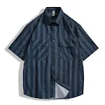 Camisa masculina de manga curta com textura listrada de seersucker de verão, leve e fresca, ideal para um visual confortável e elegante. — foto 3
