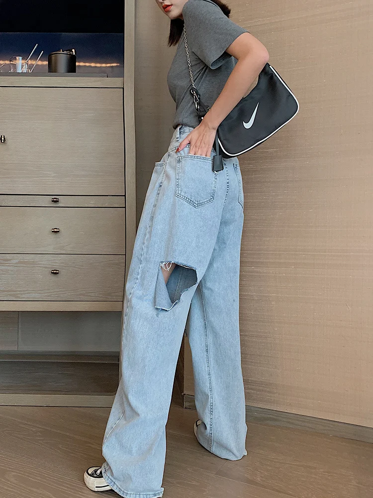 Title 1, Calças jeans femininas wide-leg rasgadas Confo...