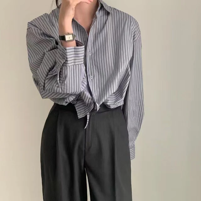 Title 17, Striped Lapel Drawstring Long-sleeved Shirt Wom...