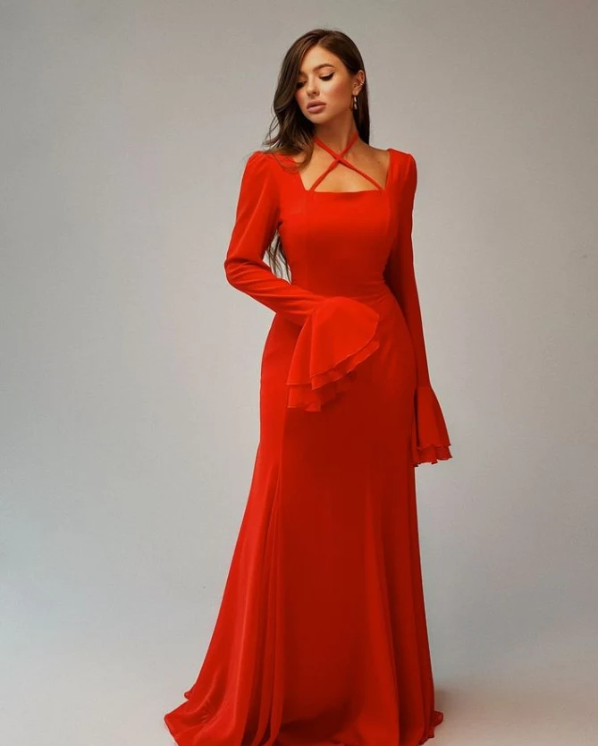 Title 2, Autumn Square Collar Bell Sleeve Temperament Dress