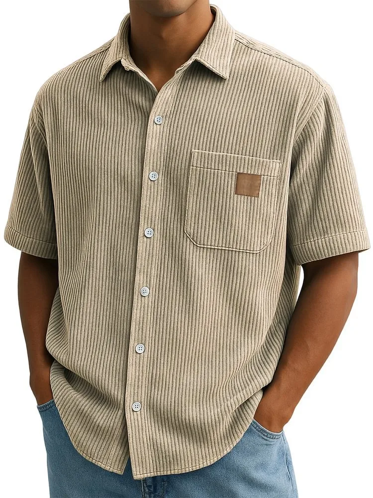 Versatile Leisure Corduroy Leather Sticker Pocket Short Sleeve Shirt. Enjoy comfort and style with this shirt. Perfect f — photo 7