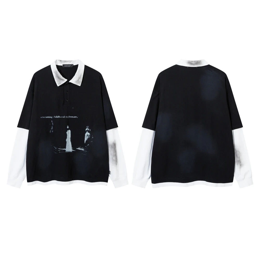 Camiseta de manga longa com costura, estilo duas peças falsas, para um visual moderno e confortável, ideal para diversas ocasiões. — foto 1