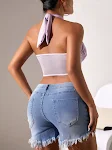 Top de malha transparente com costuras, estilo cruzado halterneck, barbatanas e efeito realçador para um visual sensual. — foto 9