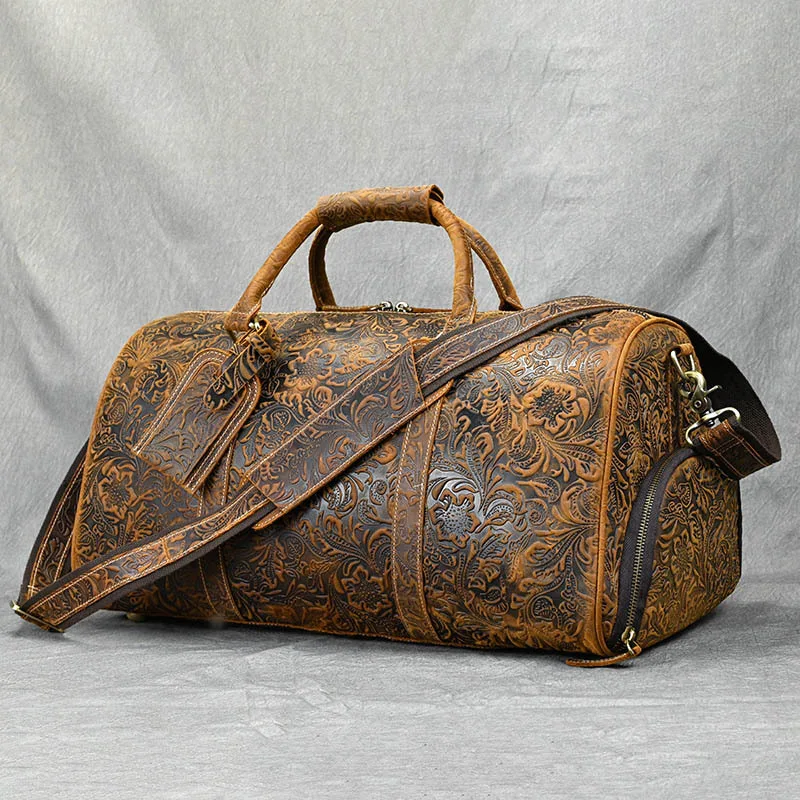 Vintage Crazy Horse lederen handtas met print. Duurzame en ruime tas, ideaal voor dagelijks gebruik, combineert rustieke stijl met functionaliteit. — foto 10