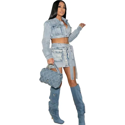 Title 4, Terno Saia Casaco Jeans Feminino Elegante com M...