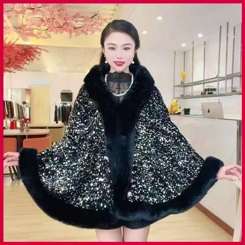Title 2, Womens Sequined Fur Collar Knitted Inverness a...