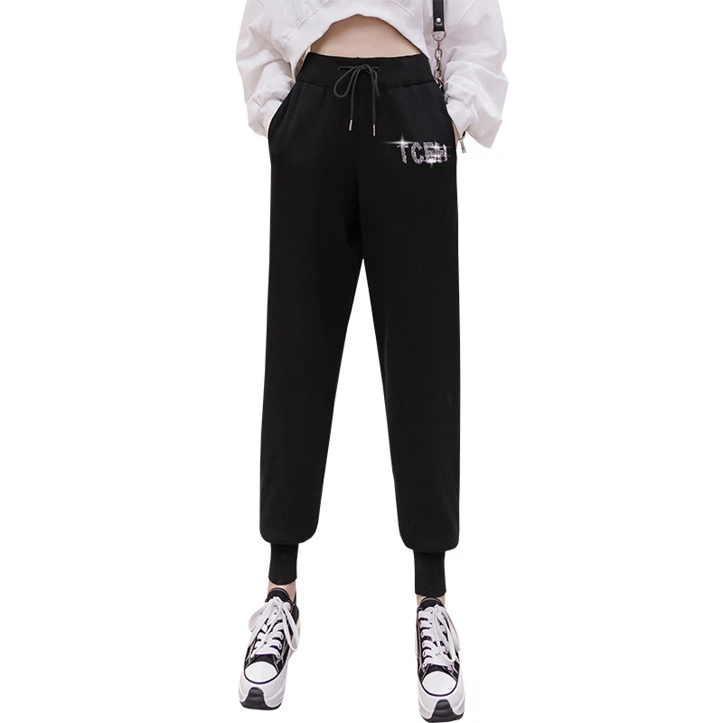 Calças casuais femininas de outono com strass, soltinhas e de tornozelo, estilo folgado, perfeitas para um look confortável e moderno. — foto 1