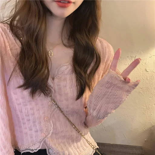 Title 8, V-neck Elegant Lace Trim Shirt Womens French C...