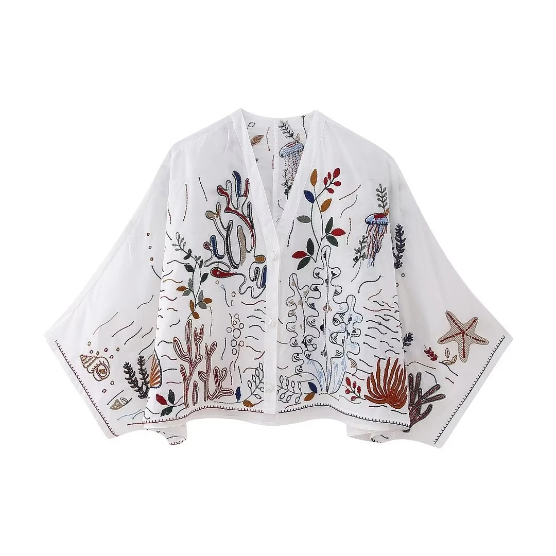 Title 10, V-neck Embroidered Breasted Shirt and High Wais...