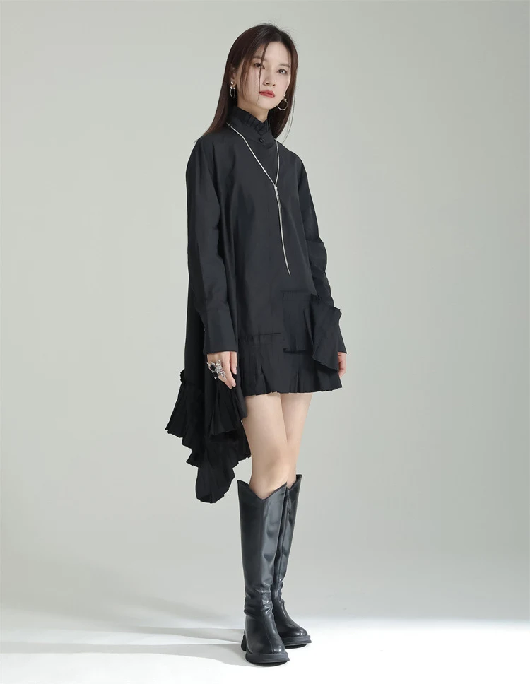 Title 8, Long Sleeve Stand Collar Hem Pleated Irregular ...