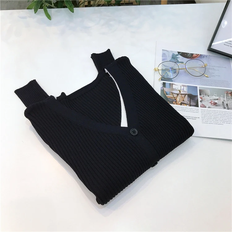 Title 68, Fake Two-piece Knitted Cardigan Womens Solid C...