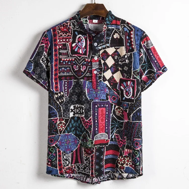Men's Tropical Ethnic Print Cotton Linen Shirt for summer. Breathable, comfortable, and stylish with a unique design, pe — photo 69