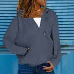 Cardigan de suéter com capuz de cor sólida com bolso solto e zíper — foto 10