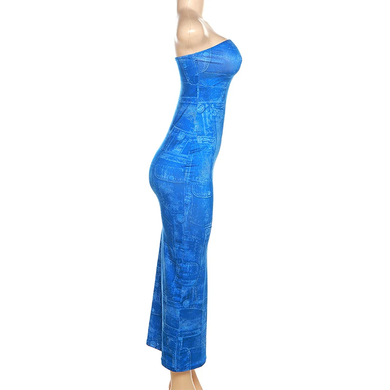 Title 8, Womens Fashion 3D Denim Printing Bandeau Slim-...