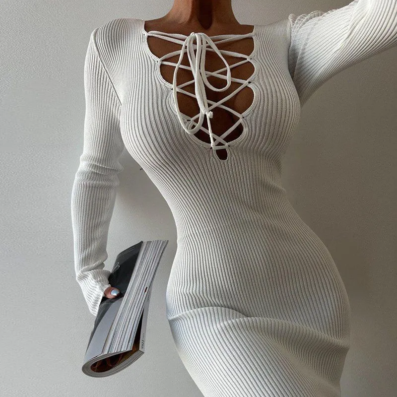 Title 32, Elegant Wool Reverse Hollow Thin Belt Slim Dress