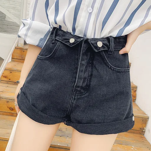 Title 3, Light-colored, high-waisted, irregular denim sh...