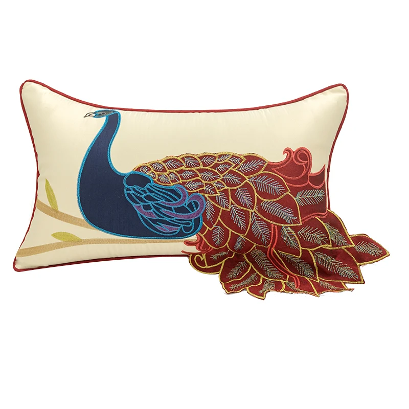 New Chinese style soft furnishing living room sofa pillow with long tail peacock embroidery. Embroidered waist pillowcas — photo 4