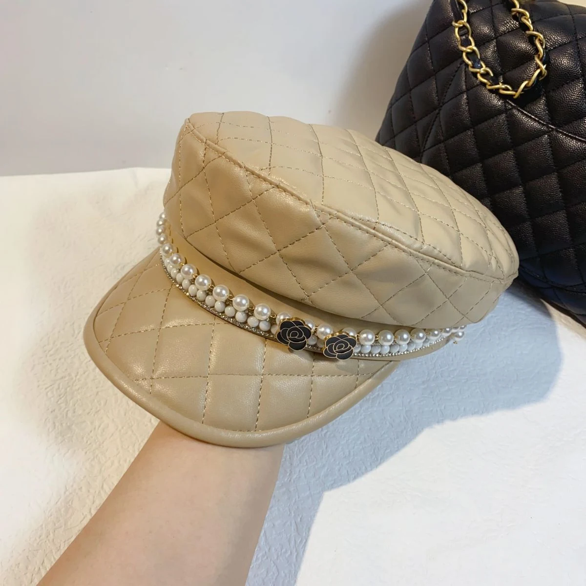 Classic Style PU Leather Newsboy Retro Casual Hat with Ceramic Plate and Pearl, all-match design, perfect for everyday w — photo 9