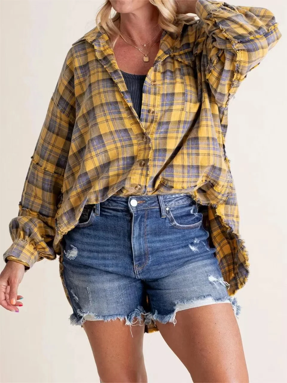 Title 28, Tassel Long Sleeve Top Loose Casual Plaid Shirt...