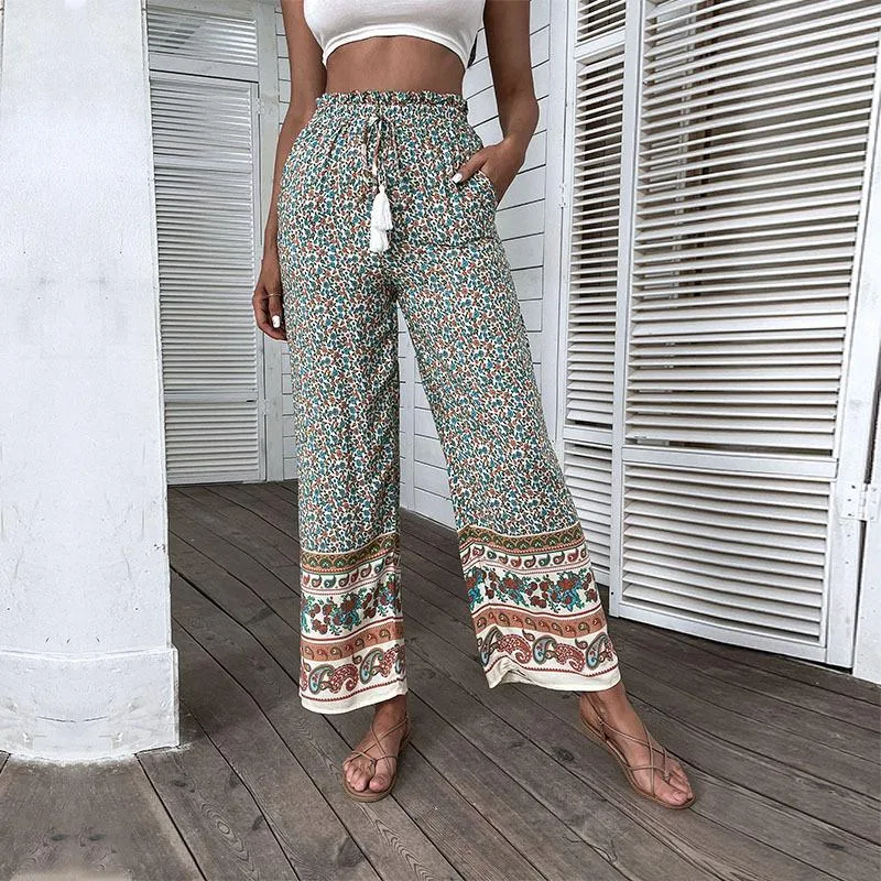 Calças Novas Retrô Femininas, Estampadas em Verde, Soltas e Largas, Perna Ampla, Confortáveis e Perfeitas para um Look Casual e Moderno — foto 11
