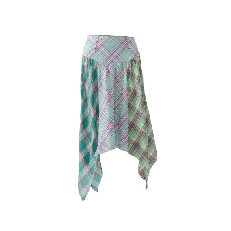Saia xadrez de cintura alta, patchwork com contraste de cores irregular, comprimento médio. Conforto e estilo em uma só peça. — foto 4