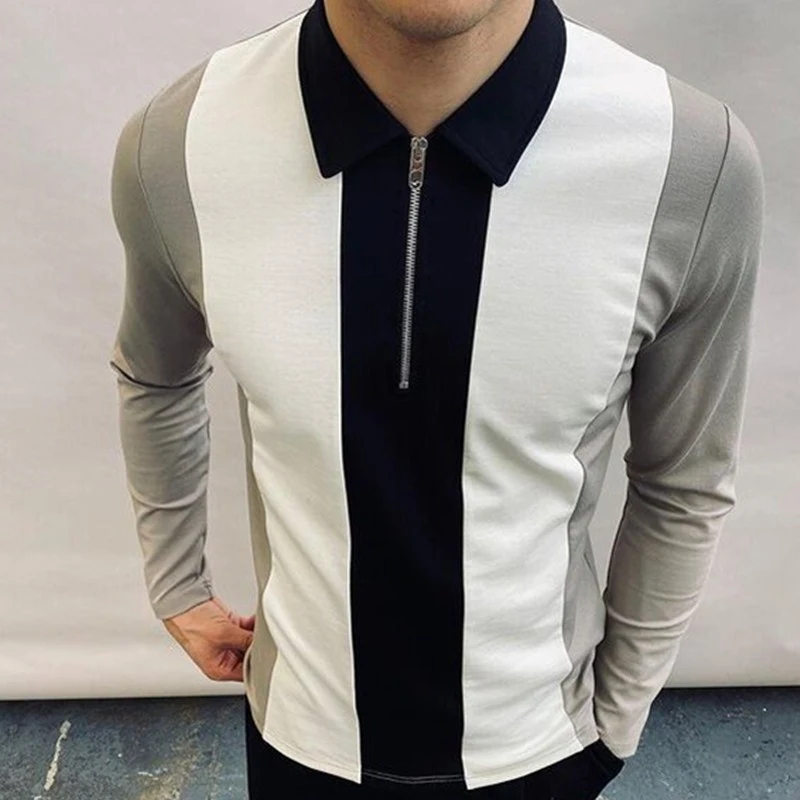 Men's Colorblock Zipper Lapel Long Sleeve Slim Polo Shirt T-shirt Stylish and Comfortable Casual Wear Perfect for Everyd — photo 5