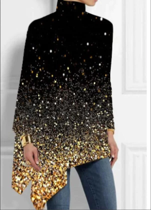 Fashion High Collar Loose And Irregular Digital Printed Long-sleeved Top — photo 2
