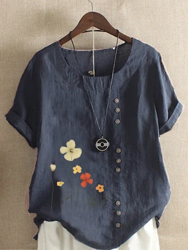 Title 10, Cotton And Linen Printed Elegant Short Sleeve T...